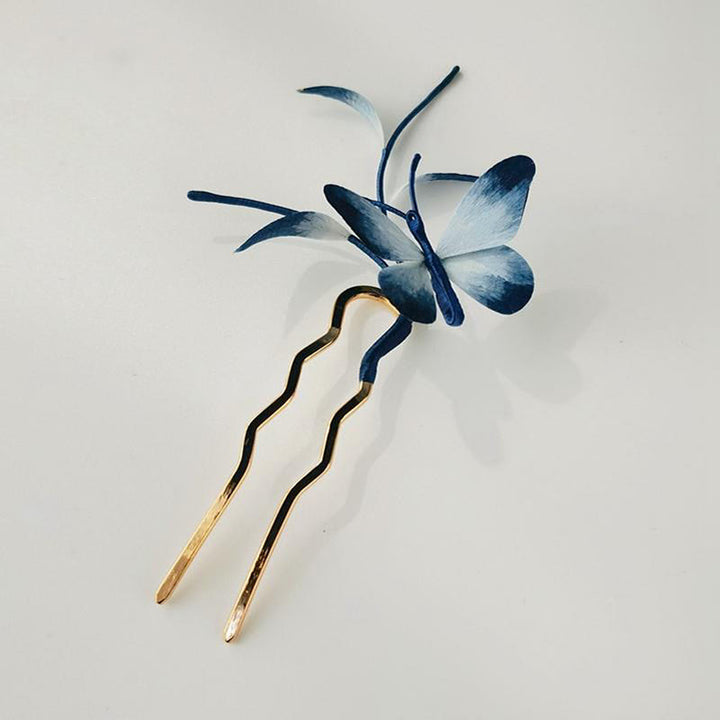 Broche de mariposa de seda morera con flores de terciopelo hechas a mano con Buddha Stones