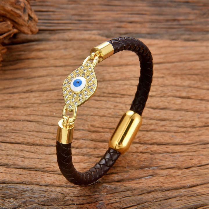 Pulsera de cuero con hebilla de metal y protección contra el mal de ojo con Buddha Stones