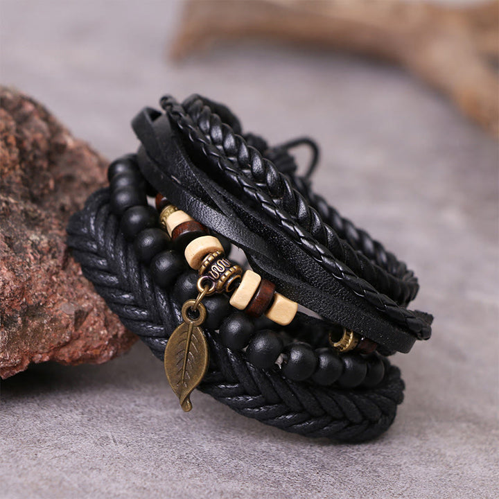 Juego de pulseras de coraje con cuentas de resina y cuero trenzado multicapa con hojas y Buddha Stones