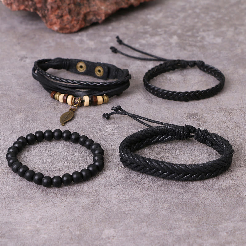 Juego de pulseras de coraje con cuentas de resina y cuero trenzado multicapa con hojas y Buddha Stones