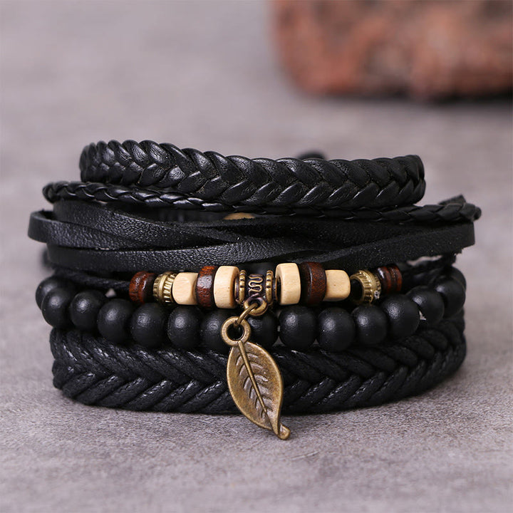 Juego de pulseras de coraje con cuentas de resina y cuero trenzado multicapa con hojas y Buddha Stones