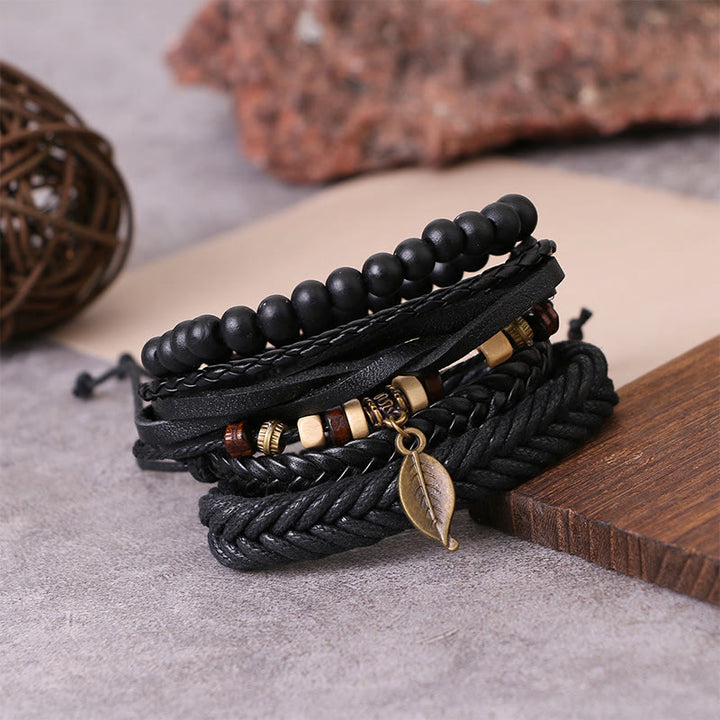 Juego de pulseras de coraje con cuentas de resina y cuero trenzado multicapa con hojas y Buddha Stones