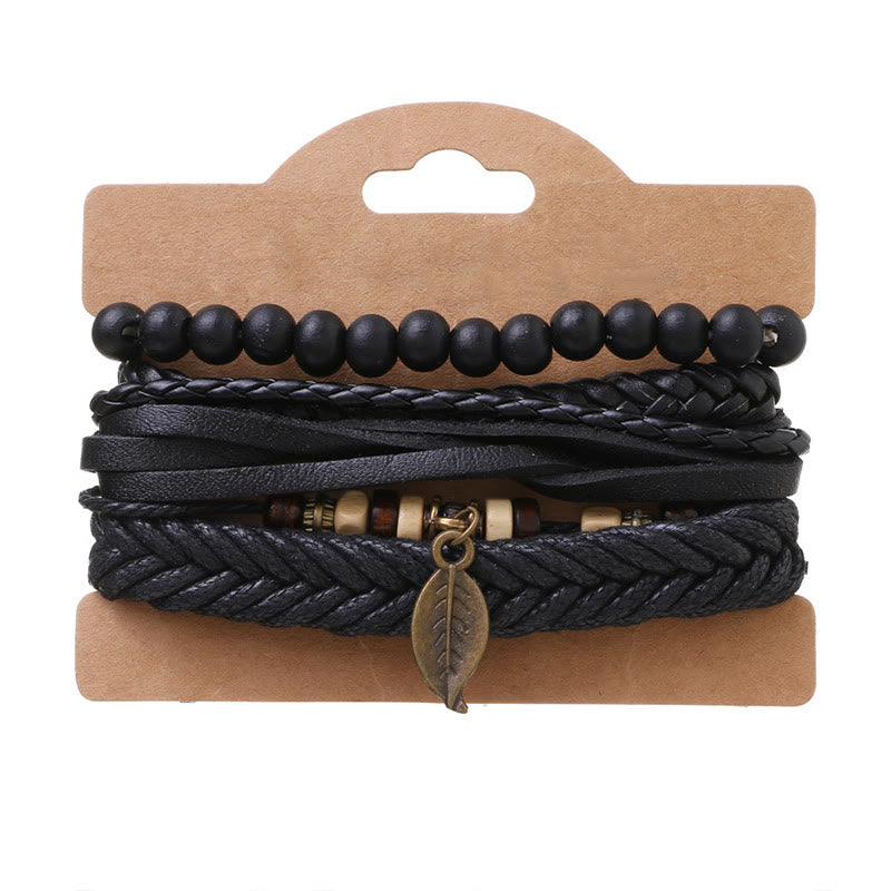 Juego de pulseras de coraje con cuentas de resina y cuero trenzado multicapa con hojas y Buddha Stones