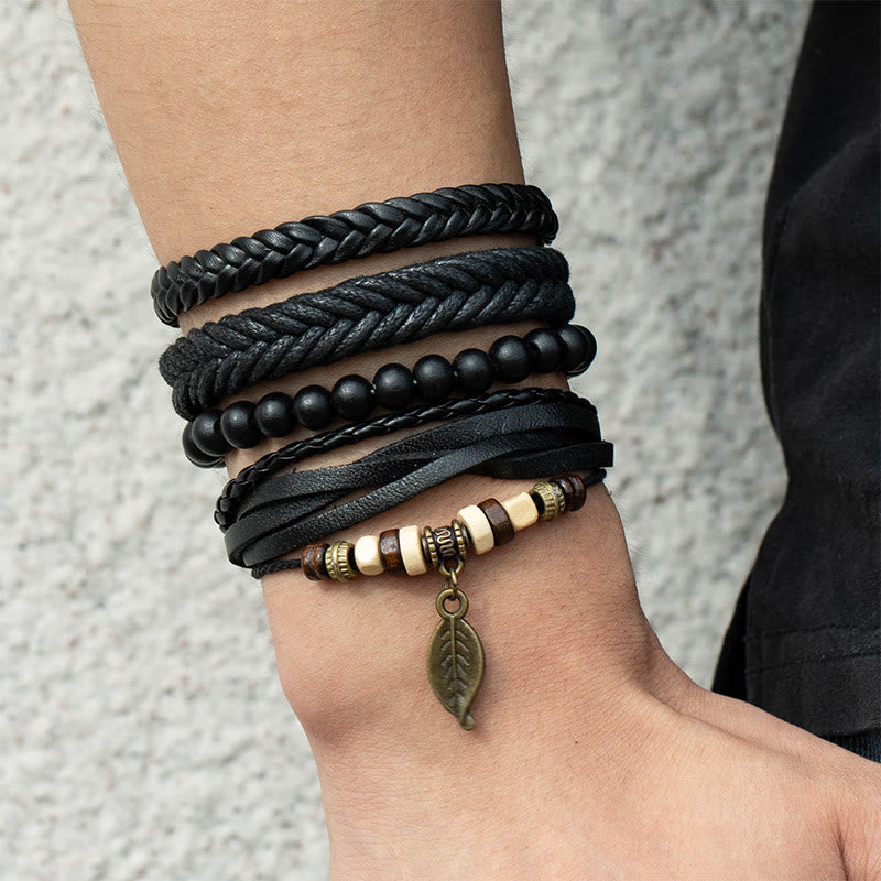 Juego de pulseras de coraje con cuentas de resina y cuero trenzado multicapa con hojas y Buddha Stones