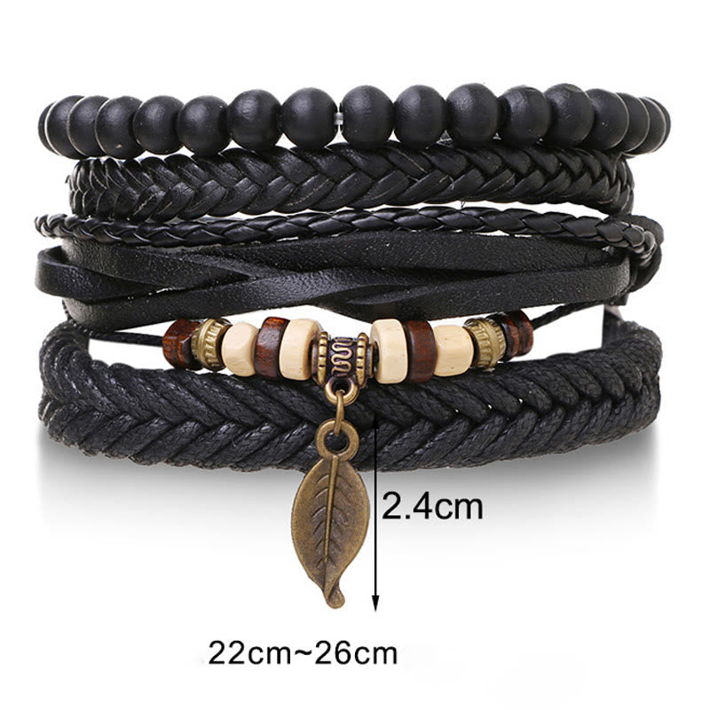 Juego de pulseras de coraje con cuentas de resina y cuero trenzado multicapa con hojas y Buddha Stones