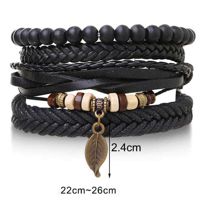Juego de pulseras de coraje con cuentas de resina y cuero trenzado multicapa con hojas y Buddha Stones