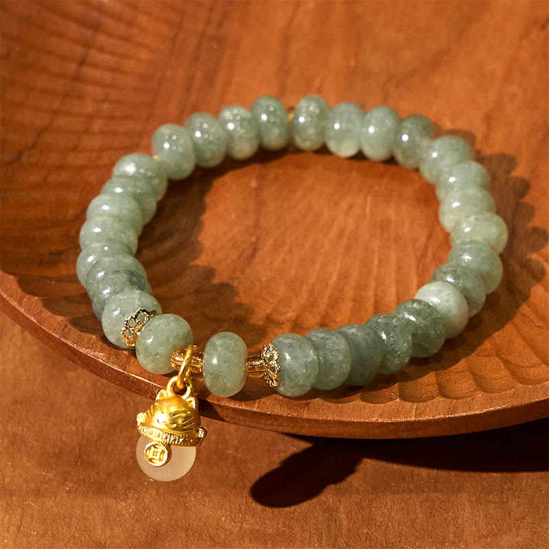 Pulsera curativa con cuentas de gato de la suerte de jade cian y cuarzo fresa y Buddha Stones