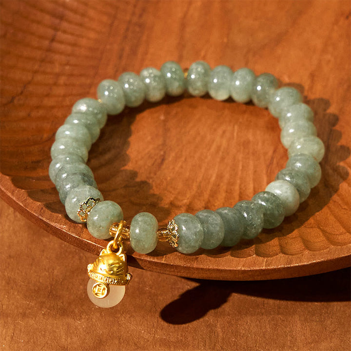 Pulsera curativa con cuentas de gato de la suerte de jade cian y cuarzo fresa y Buddha Stones