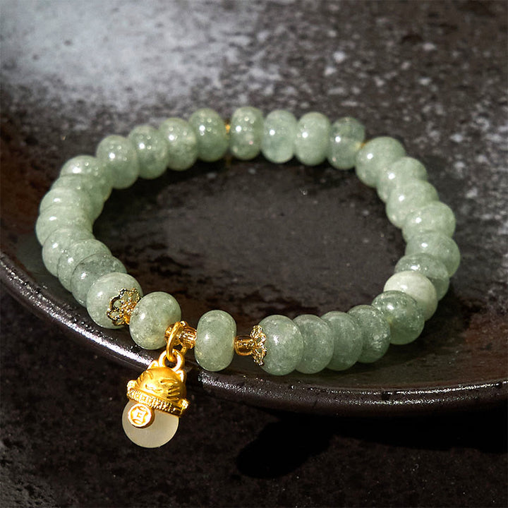 Pulsera curativa con cuentas de gato de la suerte de jade cian y cuarzo fresa y Buddha Stones