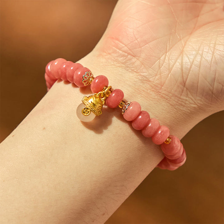Pulsera curativa con cuentas de gato de la suerte de jade cian y cuarzo fresa y Buddha Stones
