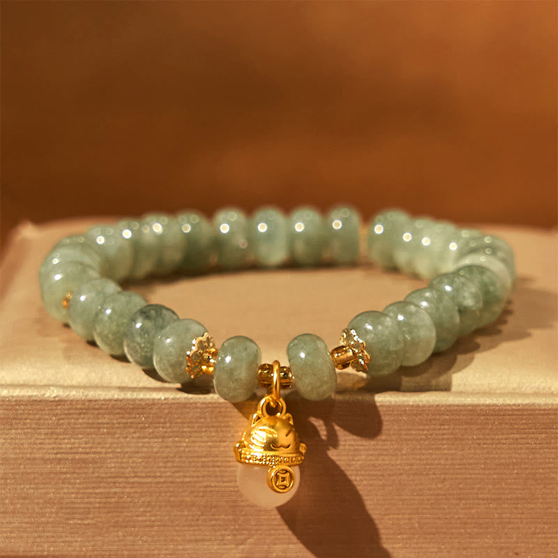 Pulsera curativa con cuentas de gato de la suerte de jade cian y cuarzo fresa y Buddha Stones