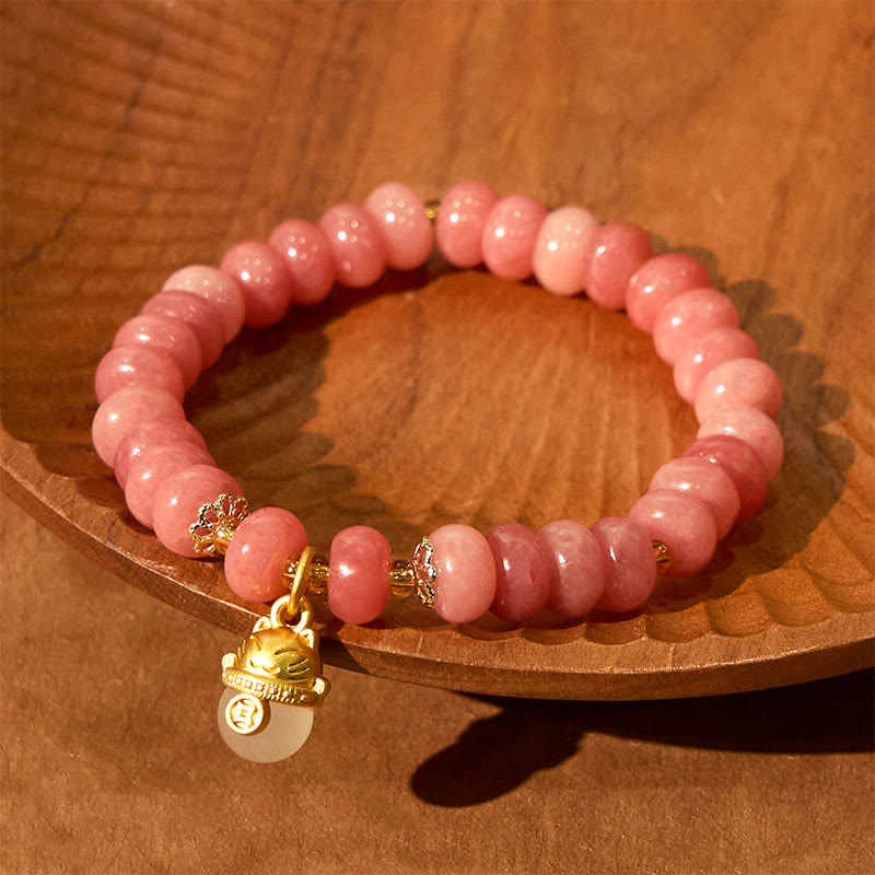 Pulsera curativa con cuentas de gato de la suerte de jade cian y cuarzo fresa y Buddha Stones