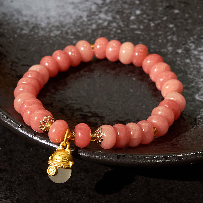 Pulsera curativa con cuentas de gato de la suerte de jade cian y cuarzo fresa y Buddha Stones