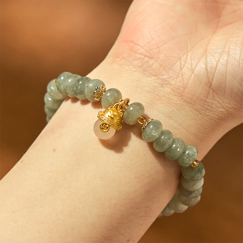 Pulsera curativa con cuentas de gato de la suerte de jade cian y cuarzo fresa y Buddha Stones