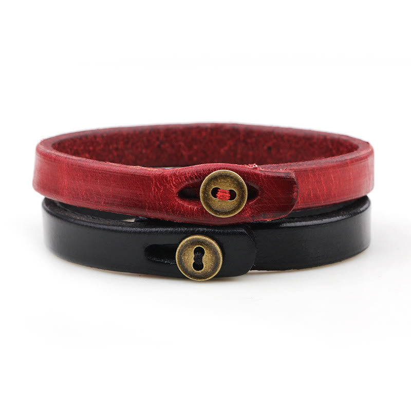 Pulsera de cuero liso vintage con hebilla de botón y Buddha Stones que inspira confianza