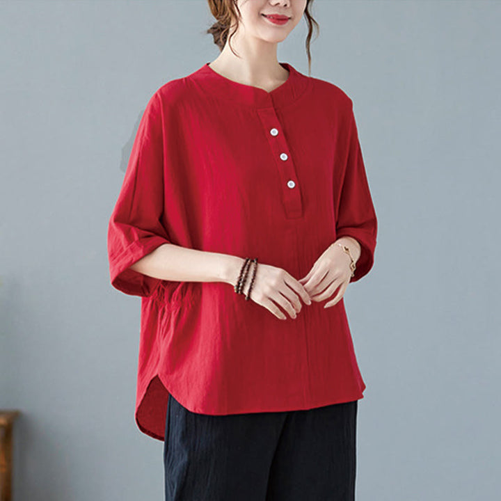 Camisa de lino y algodón de media manga con diseño de manga murciélago para mujer de Buddha Stones - image 22