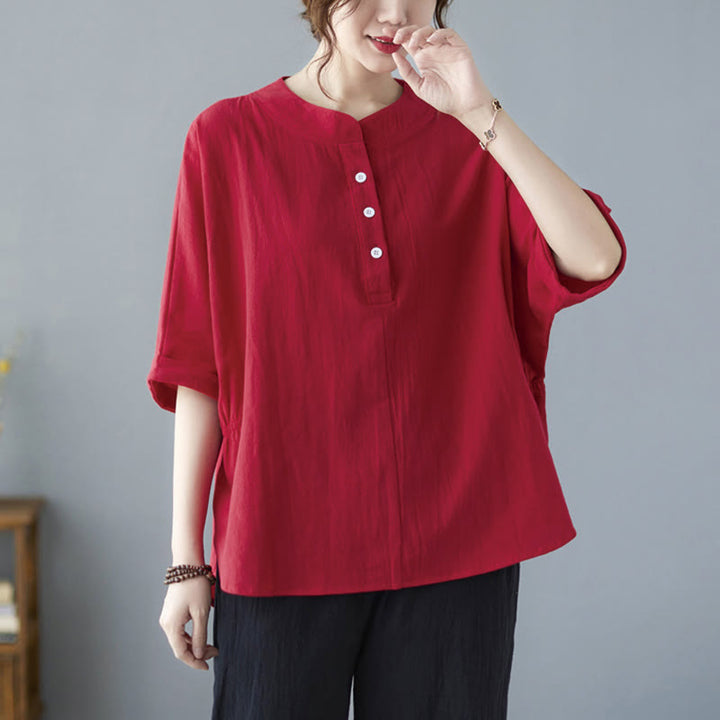 Camisa de lino y algodón de media manga con diseño de manga murciélago para mujer de Buddha Stones - image 23