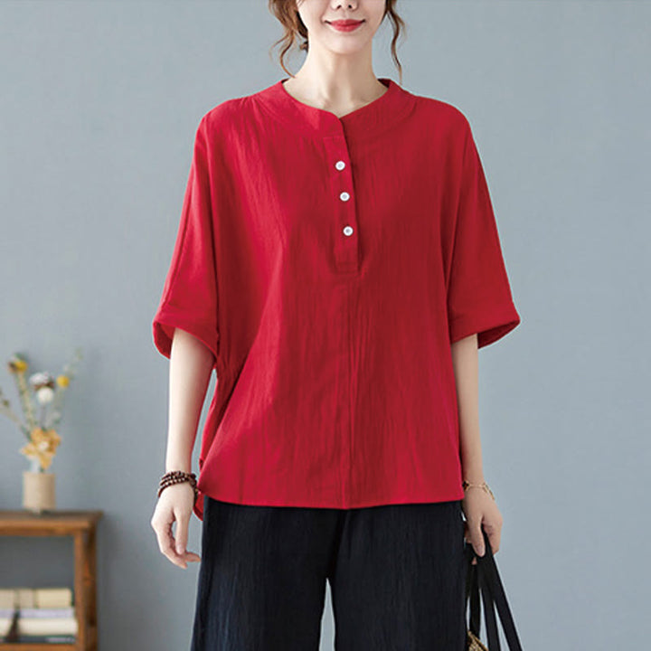 Camisa de lino y algodón de media manga con diseño de manga murciélago para mujer de Buddha Stones - image 26