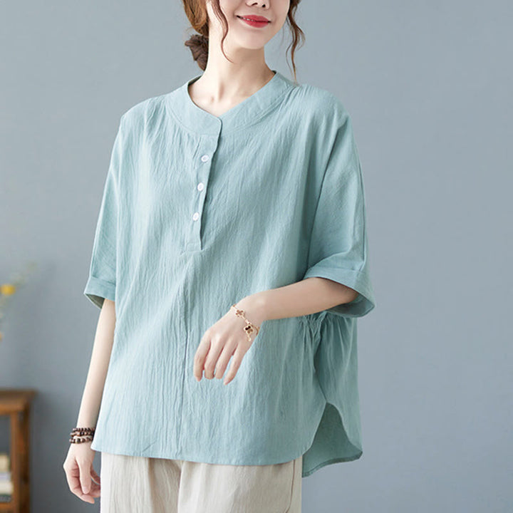 Camisa de lino y algodón de media manga con diseño de manga murciélago para mujer de Buddha Stones - image 4