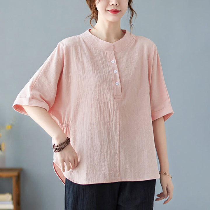 Camisa de lino y algodón de media manga con diseño de manga murciélago para mujer de Buddha Stones - MistyRose - US6，UK/AU10，EU38 (XL) - image 16