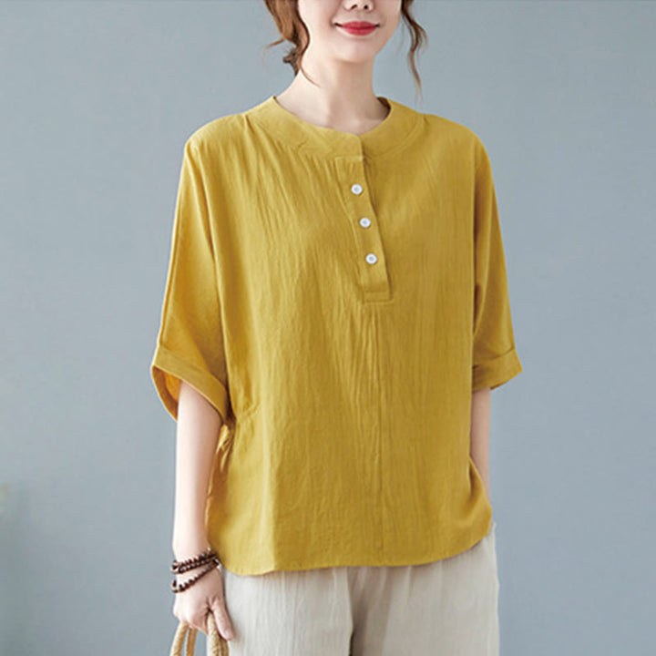 Camisa de lino y algodón de media manga con diseño de manga murciélago para mujer de Buddha Stones - image 11