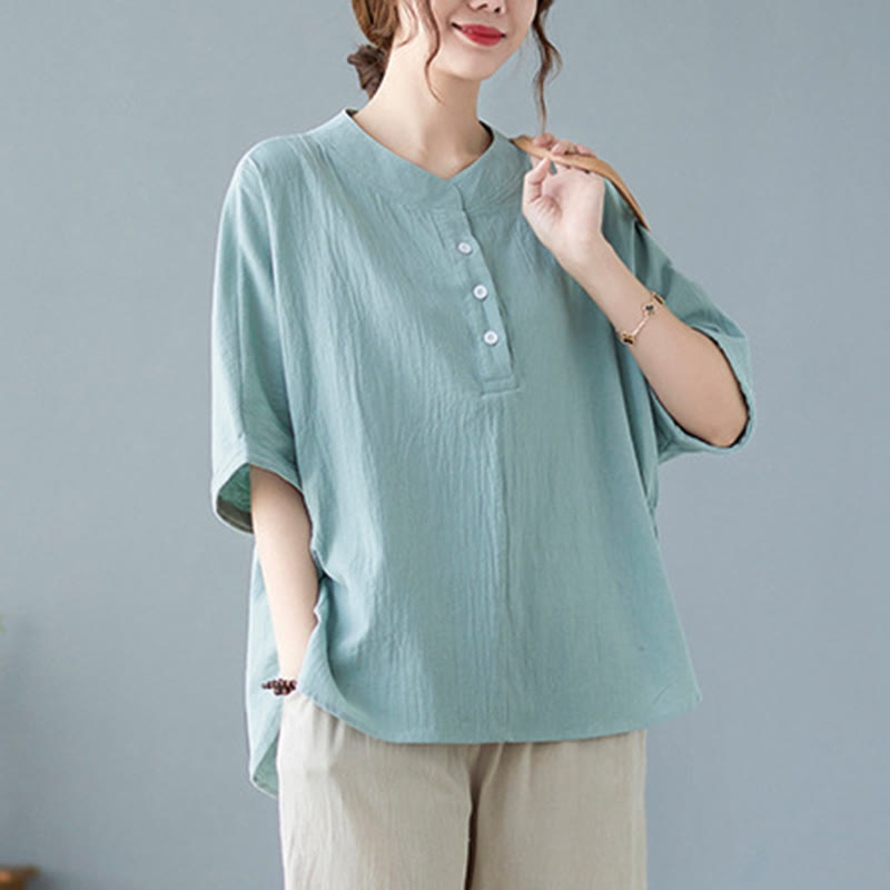 Camisa de lino y algodón de media manga con diseño de manga murciélago para mujer de Buddha Stones - image 1