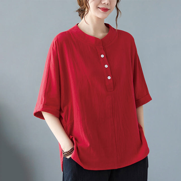 Camisa de lino y algodón de media manga con diseño de manga murciélago para mujer de Buddha Stones - image 24