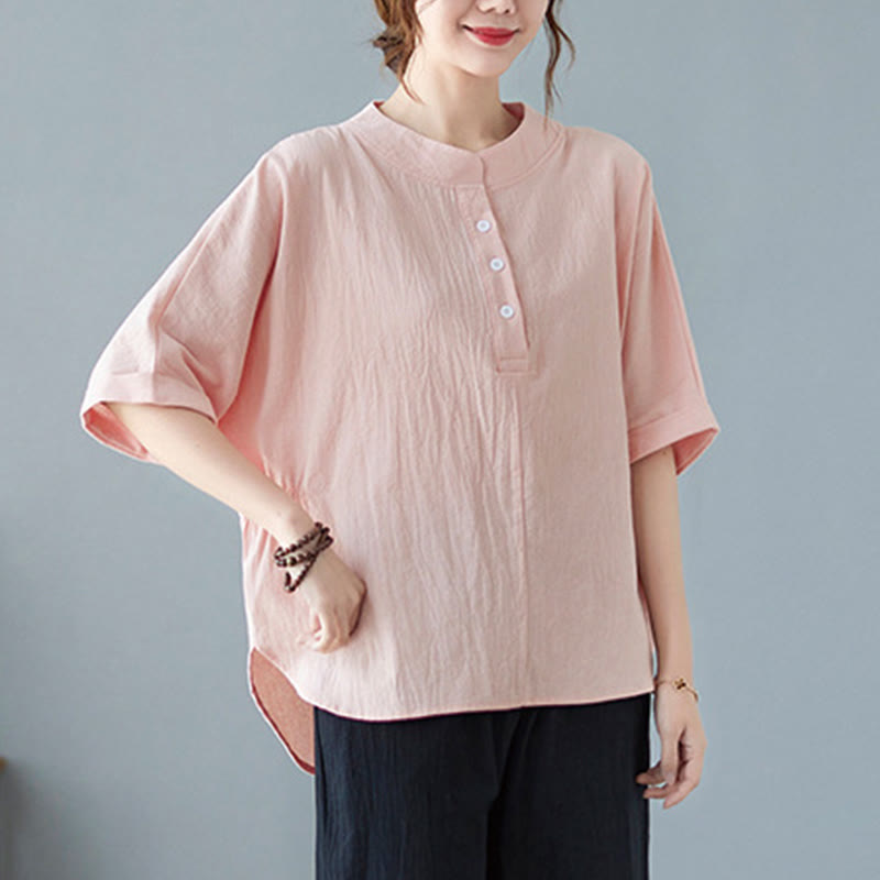 Camisa de lino y algodón de media manga con diseño de manga murciélago para mujer de Buddha Stones - image 17