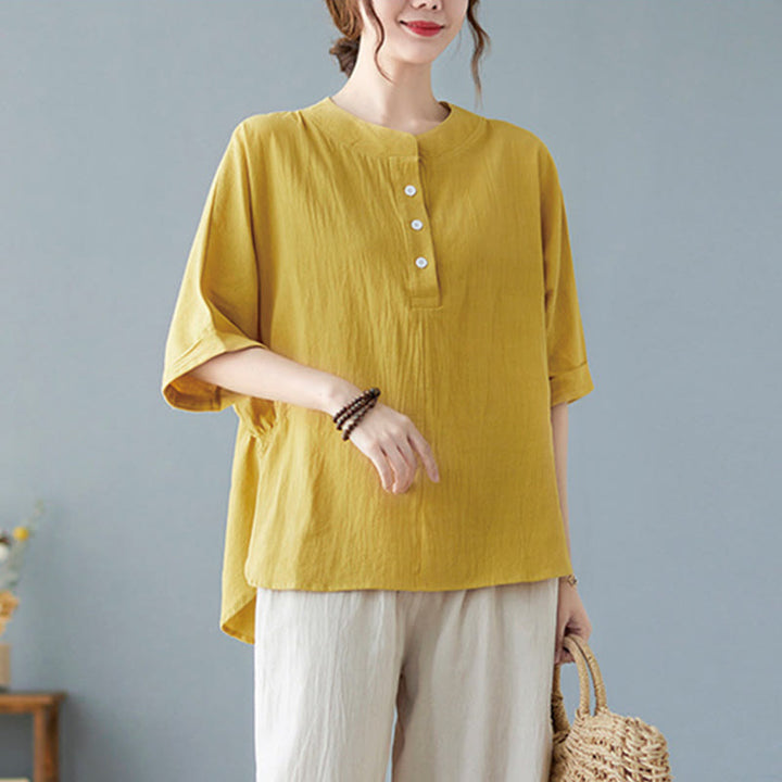 Camisa de lino y algodón de media manga con diseño de manga murciélago para mujer de Buddha Stones - Oro - US6，UK/AU10，EU38 (XL) - image 10