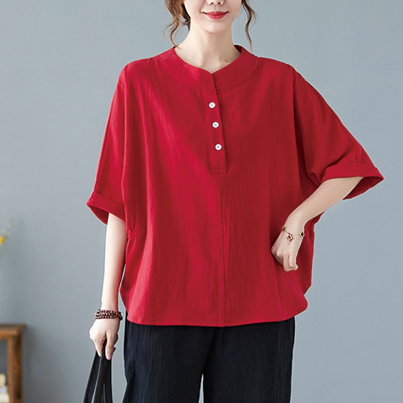 Camisa de lino y algodón de media manga con diseño de manga murciélago para mujer de Buddha Stones - image 25