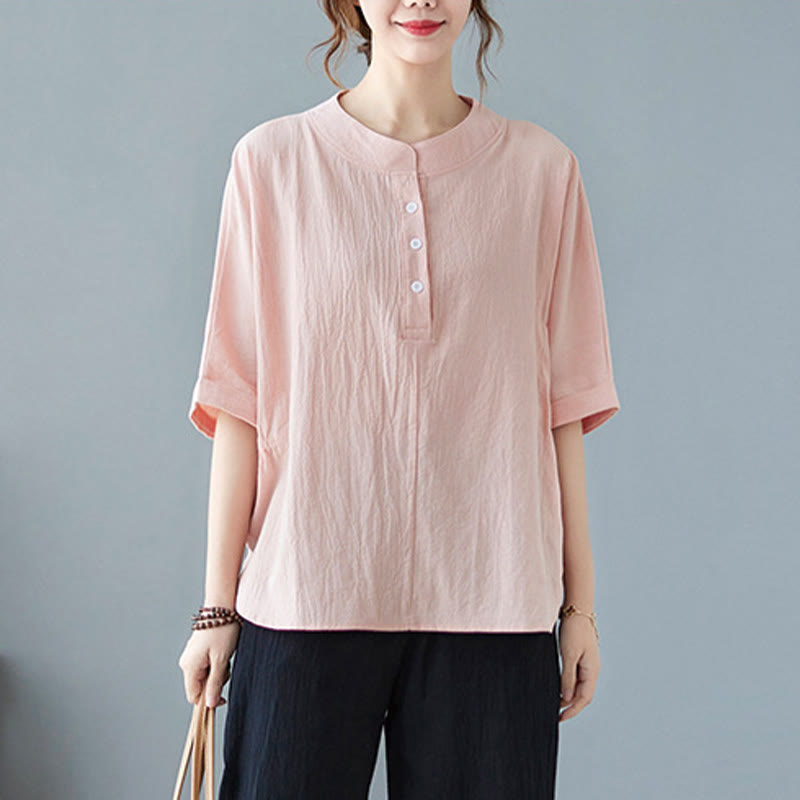 Camisa de lino y algodón de media manga con diseño de manga murciélago para mujer de Buddha Stones - image 19
