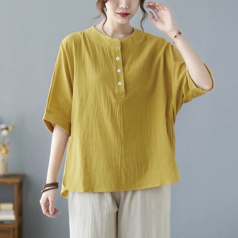 Camisa de lino y algodón de media manga con diseño de manga murciélago para mujer de Buddha Stones - image 12