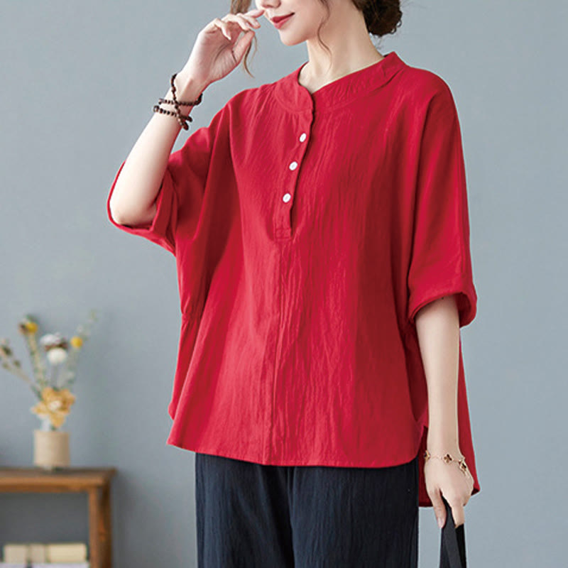 Camisa de lino y algodón de media manga con diseño de manga murciélago para mujer de Buddha Stones - Rojo - US6，UK/AU10，EU38 (XL) - image 21