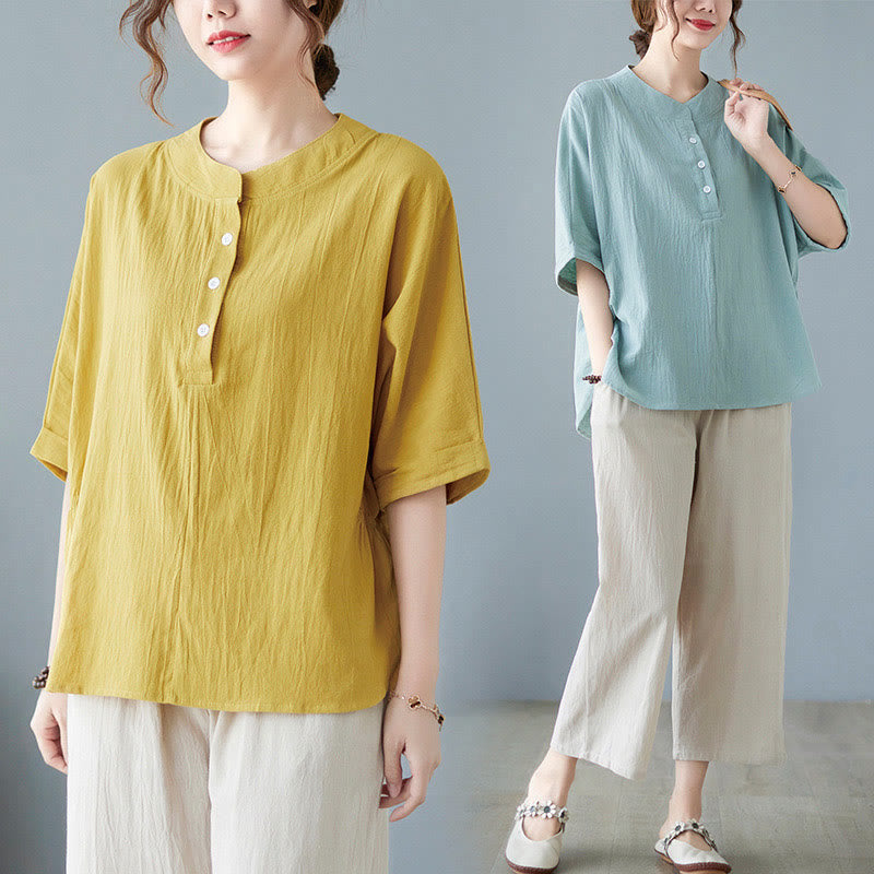 Camisa de lino y algodón de media manga con diseño de manga murciélago para mujer de Buddha Stones - image 28
