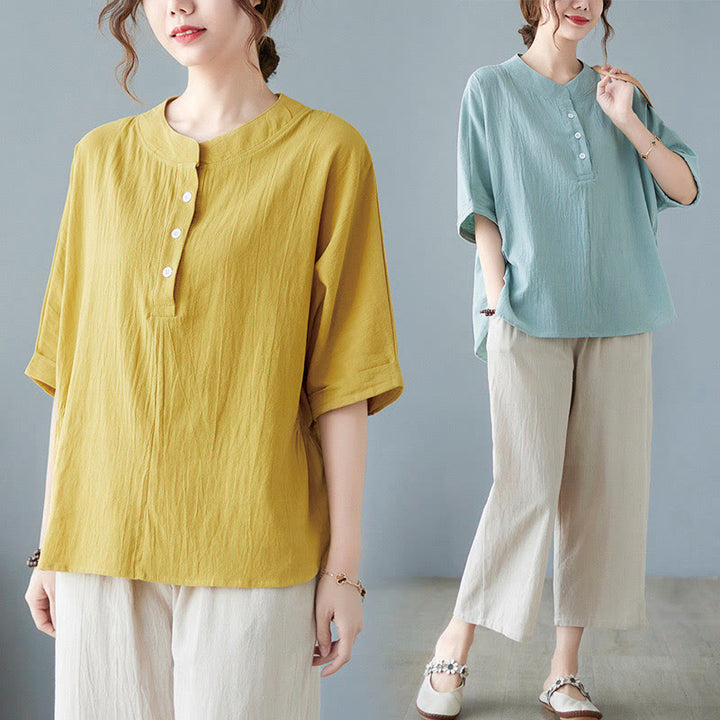 Camisa de lino y algodón de media manga con diseño de manga murciélago para mujer de Buddha Stones - image 28