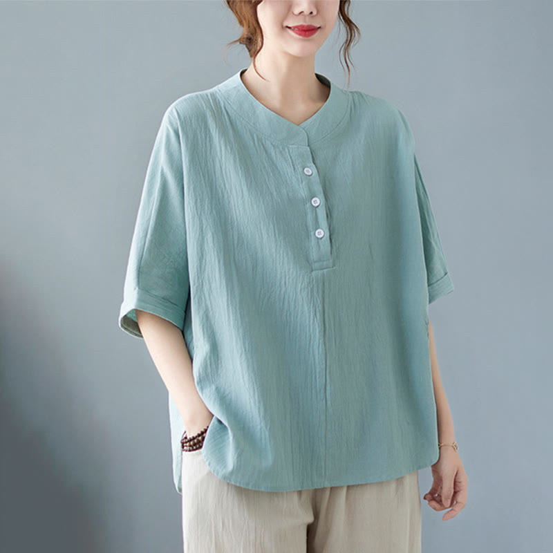 Camisa de lino y algodón de media manga con diseño de manga murciélago para mujer de Buddha Stones - Azul polvoriento - US6，UK/AU10，EU38 (XL) - image 0