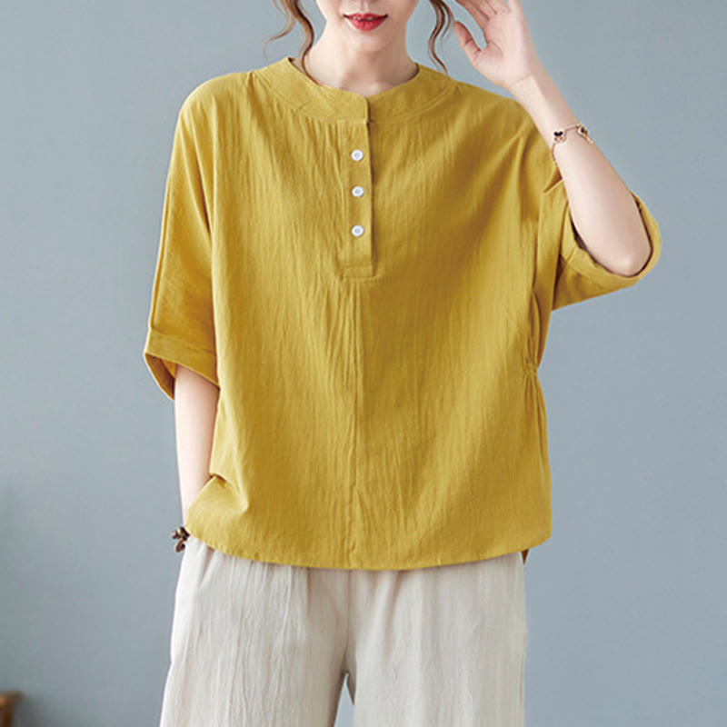 Camisa de lino y algodón de media manga con diseño de manga murciélago para mujer de Buddha Stones - image 15