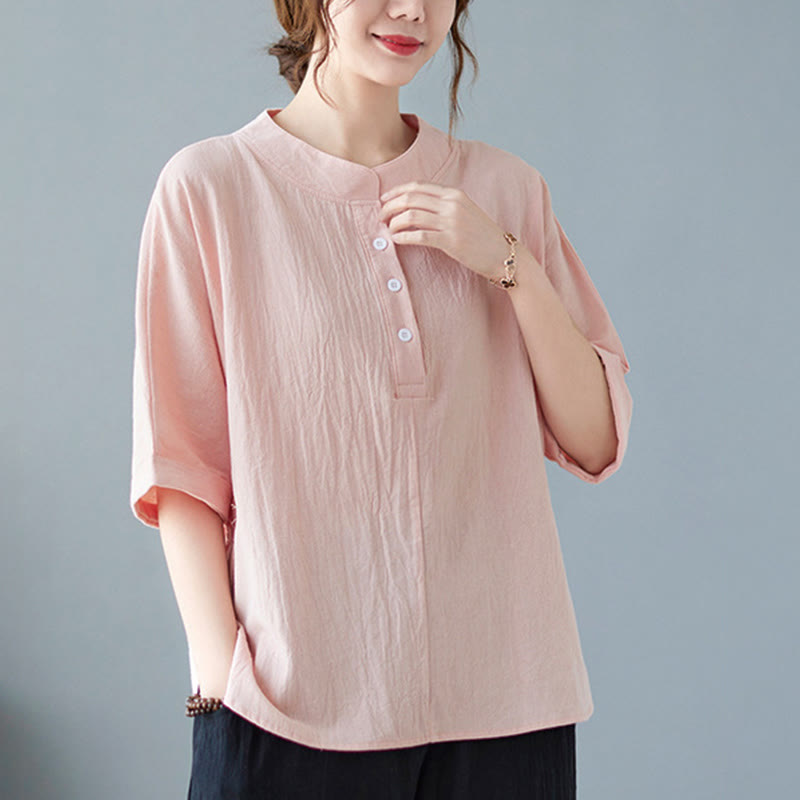 Camisa de lino y algodón de media manga con diseño de manga murciélago para mujer de Buddha Stones - image 20