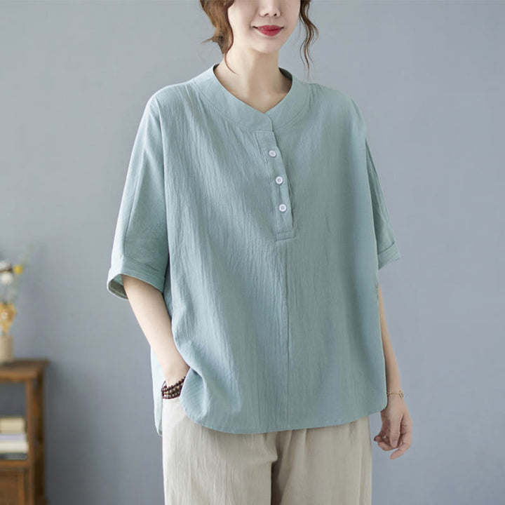 Camisa de lino y algodón de media manga con diseño de manga murciélago para mujer de Buddha Stones - image 6