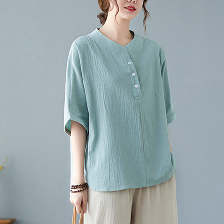 Camisa de lino y algodón de media manga con diseño de manga murciélago para mujer de Buddha Stones - image 3