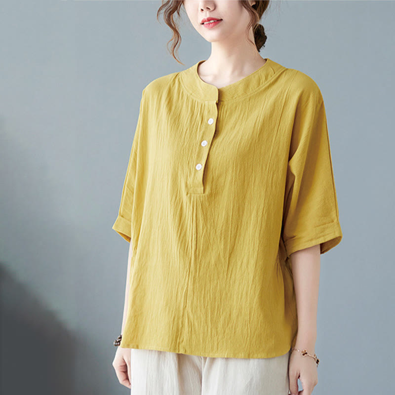 Camisa de lino y algodón de media manga con diseño de manga murciélago para mujer de Buddha Stones - image 14