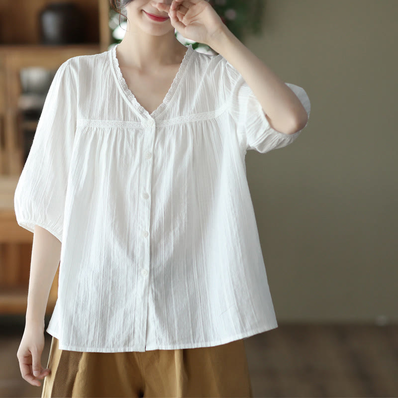 Camisa de algodón de media manga con escote en V y encaje blanco puro para mujer de Buddha Stones - image 10