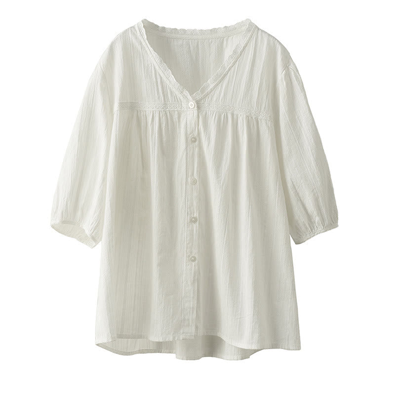Camisa de algodón de media manga con escote en V y encaje blanco puro para mujer de Buddha Stones - image 12