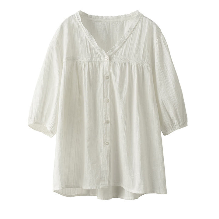 Camisa de algodón de media manga con escote en V y encaje blanco puro para mujer de Buddha Stones - image 12