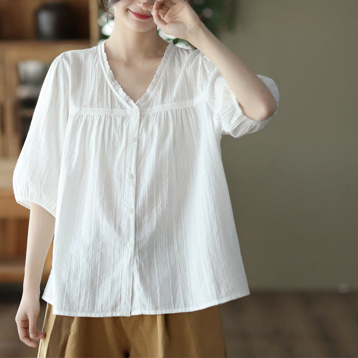 Camisa de algodón de media manga con escote en V y encaje blanco puro para mujer de Buddha Stones - image 10