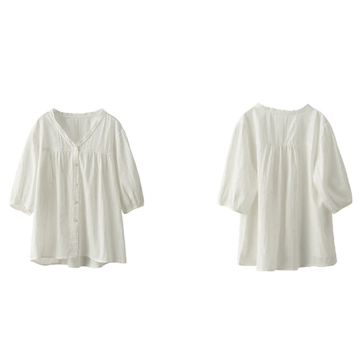 Camisa de algodón de media manga con escote en V y encaje blanco puro para mujer de Buddha Stones - image 13