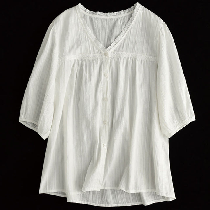 Camisa de algodón de media manga con escote en V y encaje blanco puro para mujer de Buddha Stones - image 11