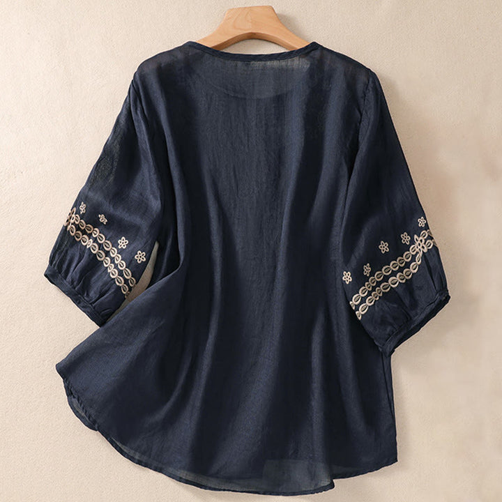 Camisa de lino y algodón de media manga con diseño hueco y cuello redondo para mujer de Buddha Stones - image 8