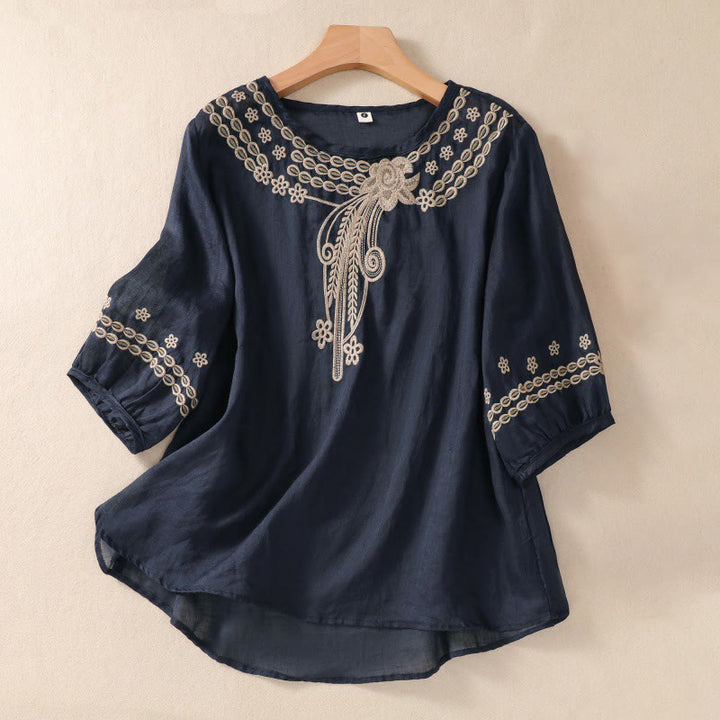 Camisa de lino y algodón de media manga con diseño hueco y cuello redondo para mujer de Buddha Stones