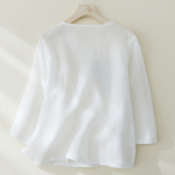 Camisa casual de manga tres cuartos para mujer con bordado de plantas y diseño de Buddha Stones. - image 8
